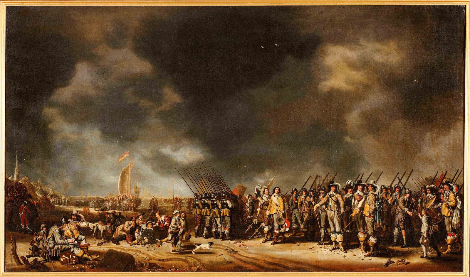 Sybrand van Beest, Vertrek van Koningin Henrietta Maria van het strand te Scheveningen, 1643.jpg